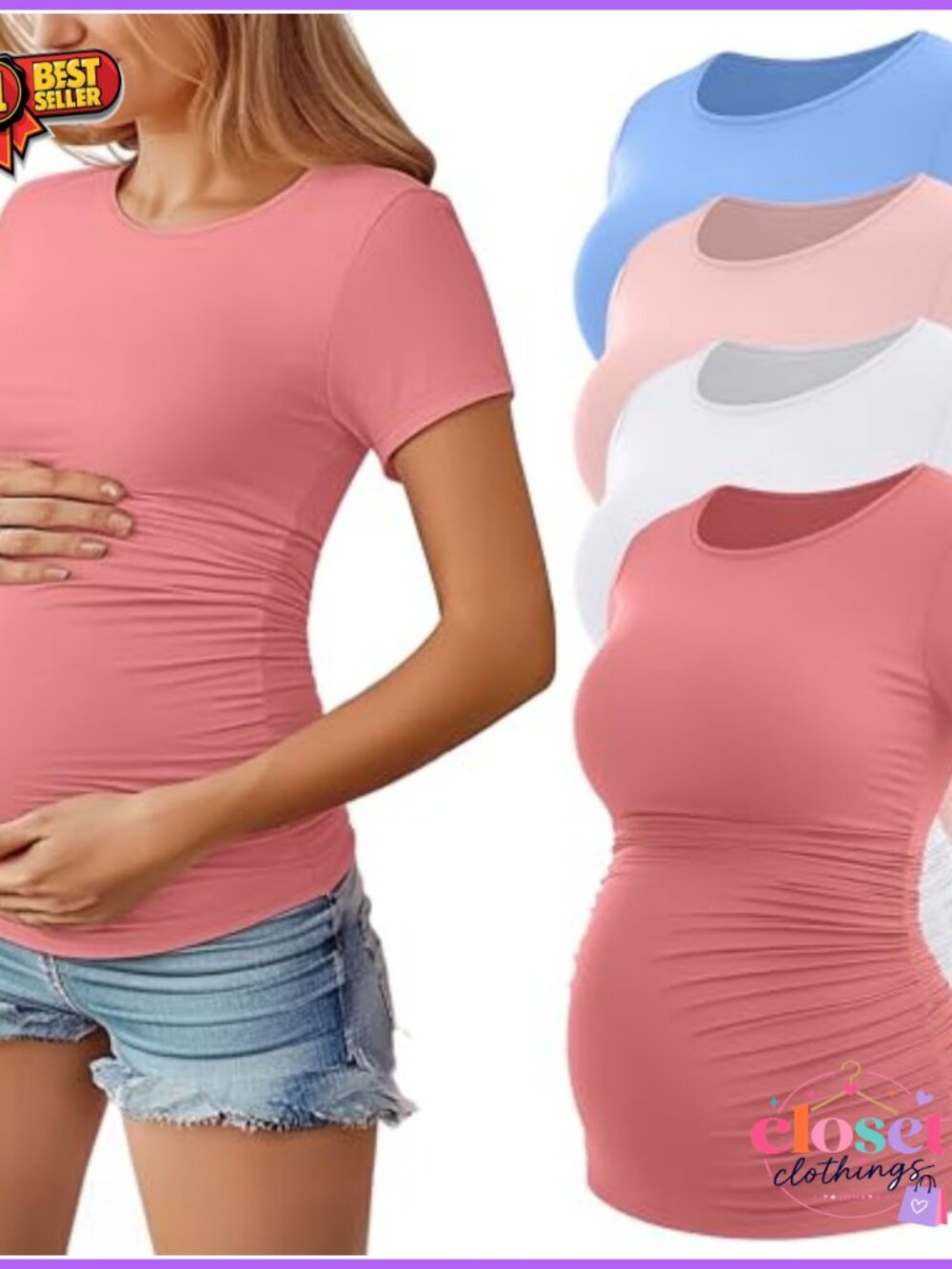 Women's Short Sleeve Maternity Tops 4 Pack - Crew Neck Ruched Side Cotton Blend
